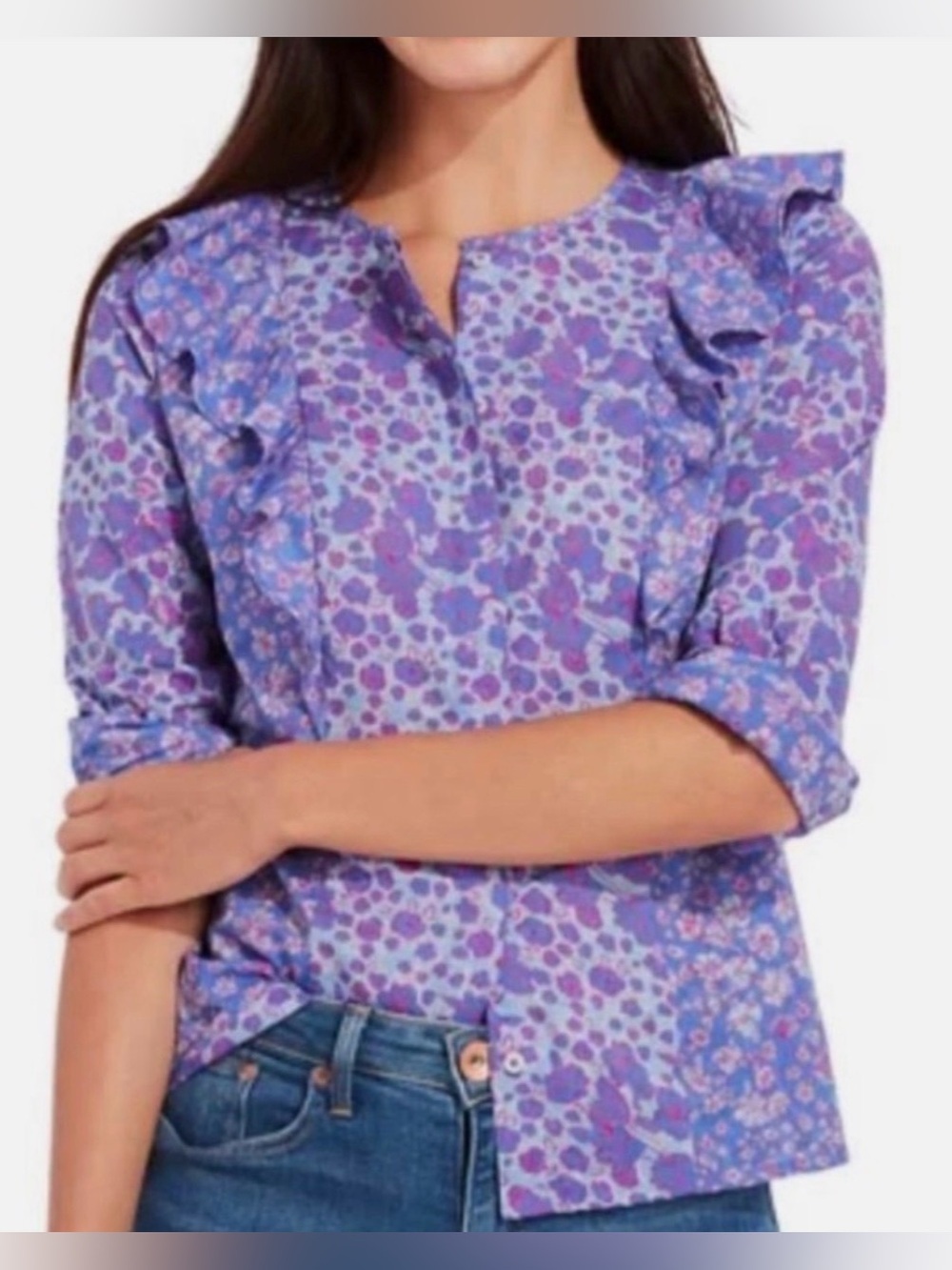 Vineyard Vines Floral Ruffle Top Blue Pink Button Front Size 4